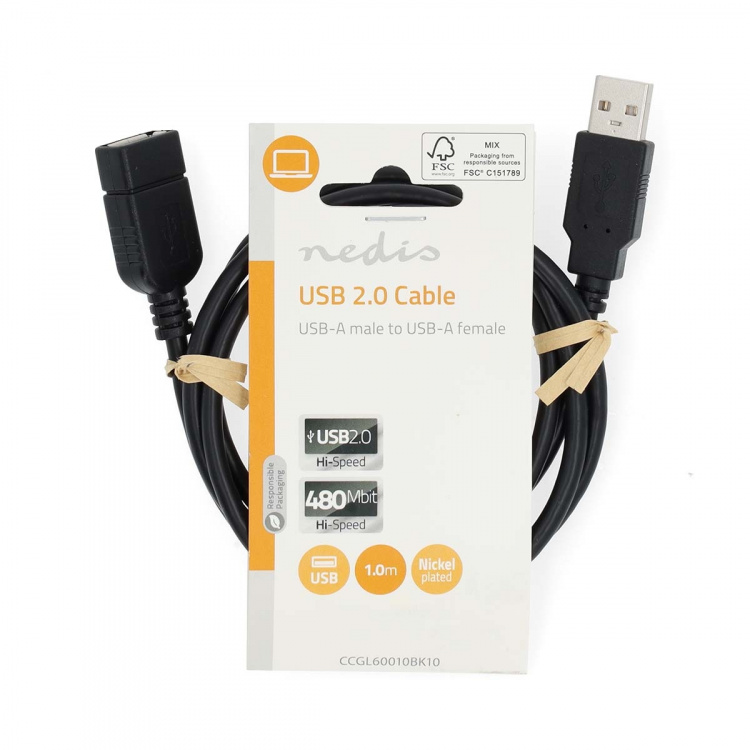 Nedis USB Cable | USB 2.0 | USB-A Male | USB-A Female | 480 Mbps | Nickel Plated | 1.00 m | Round | PVC | Black | Label Nedis USB Cable | USB 2.0 | USB-A Male | USB-A Female | 480 Mbps | Nickel Plated | 1.00 m | Round | PVC | Black | Label