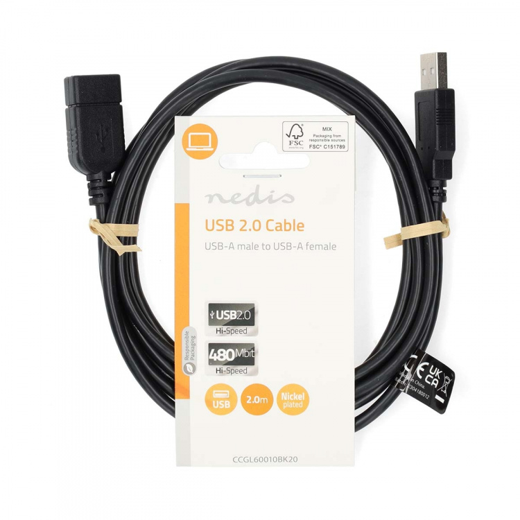 Nedis USB Cable | USB 2.0 | USB-A Male | USB-A Female | 480 Mbps | Nickel Plated | 2.00 m | Round | PVC | Black | Label Nedis USB Cable | USB 2.0 | USB-A Male | USB-A Female | 480 Mbps | Nickel Plated | 2.00 m | Round | PVC | Black | Label