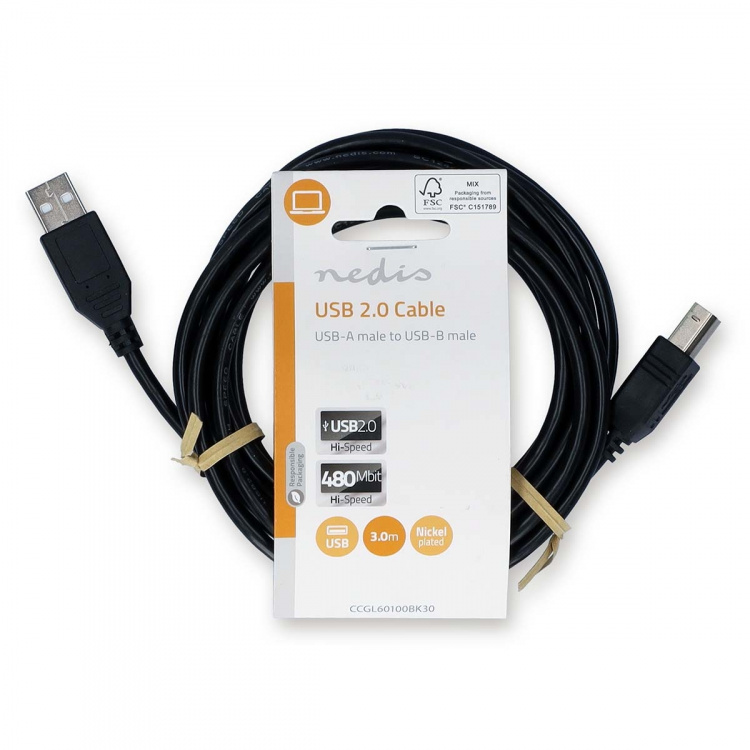 Nedis USB Cable | USB 2.0 | USB-A Male | USB-B Male | 10 W | 480 Mbps | Nickel Plated | 3.00 m | Round | PVC | Black | Label Nedis USB Cable | USB 2.0 | USB-A Male | USB-B Male | 10 W | 480 Mbps | Nickel Plated | 3.00 m | Round | PVC | Black | Label