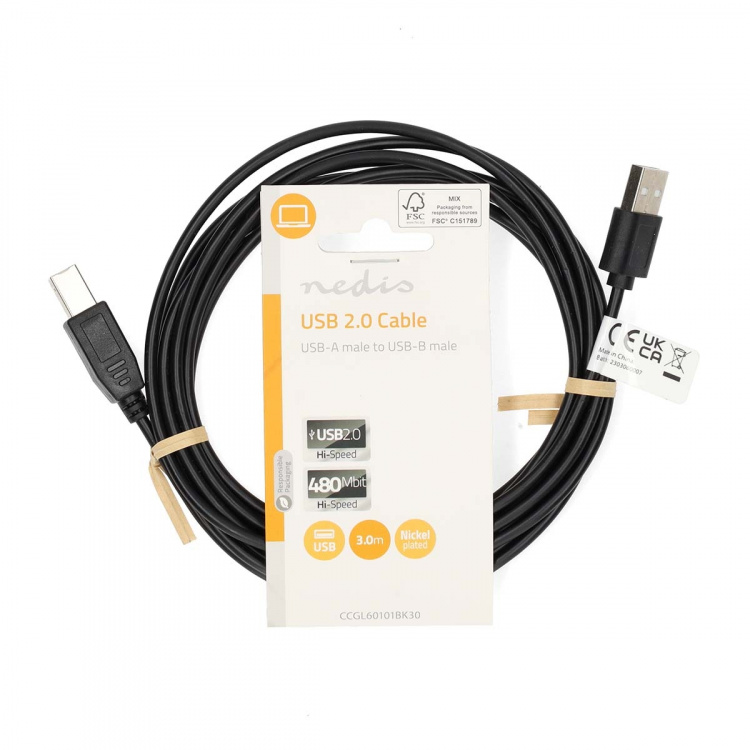 Nedis USB Cable | USB 2.0 | USB-A Male | USB-B Male | 480 Mbps | Nickel Plated | 3.00 m | Round | PVC | Black | Label Nedis USB Cable | USB 2.0 | USB-A Male | USB-B Male | 480 Mbps | Nickel Plated | 3.00 m | Round | PVC | Black | Label