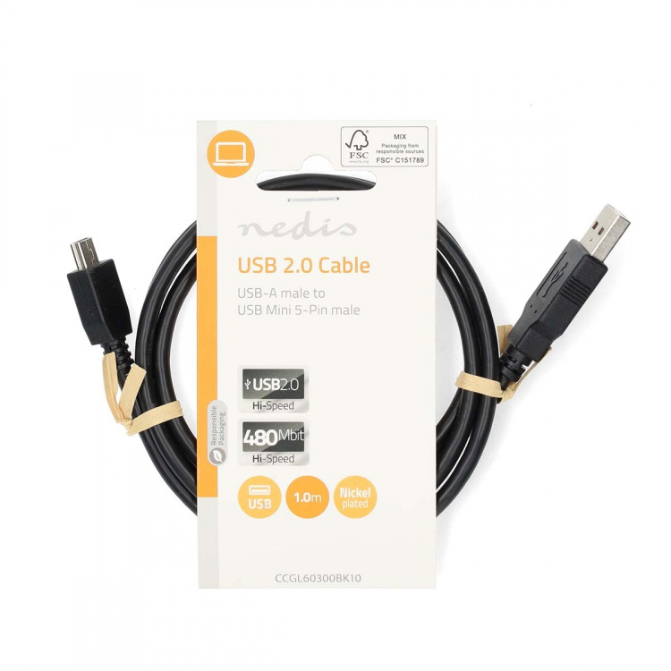 Nedis USB Cable | USB 2.0 | USB-A Male | USB Mini-B 5 pin Male | 480 Mbps | Nickel Plated | 1.00 m | Round | PVC | Black | Label Nedis USB Cable | USB 2.0 | USB-A Male | USB Mini-B 5 pin Male | 480 Mbps | Nickel Plated | 1.00 m | Round | PVC | Black | Label