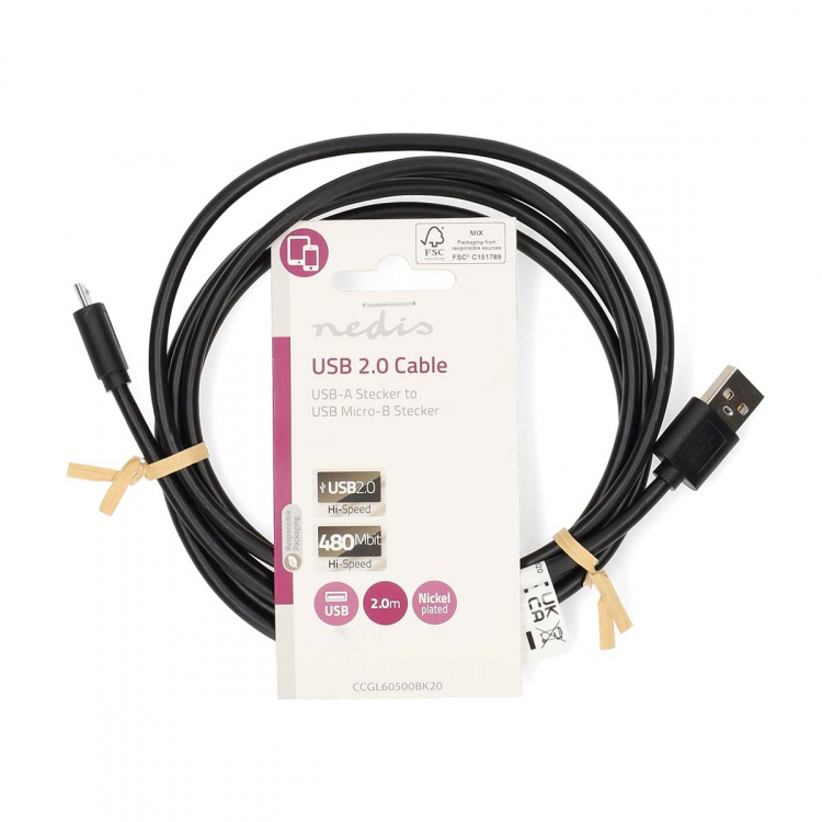 Nedis USB Cable | USB 2.0 | USB-A Male | USB Micro-B Male | 11 W | 480 Mbps | Nickel Plated | 2.00 m | Round | PVC | Black | Label Nedis USB Cable | USB 2.0 | USB-A Male | USB Micro-B Male | 11 W | 480 Mbps | Nickel Plated | 2.00 m | Round | PVC | Black | Label