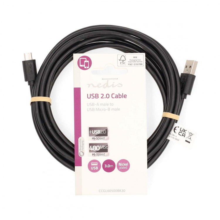 Nedis USB Cable | USB 2.0 | USB-A Male | USB Micro-B Male | 10 W | 480 Mbps | Nickel Plated | 3.00 m | Round | PVC | Black | Label