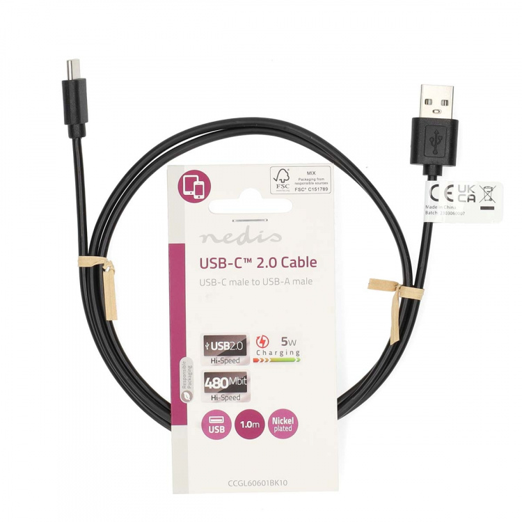 Nedis USB Cable | USB 2.0 | USB-A Male | USB-C™ Male | 5 W | 480 Mbps | Nickel Plated | 1.00 m | Round | PVC | Black | Label Nedis USB Cable | USB 2.0 | USB-A Male | USB-C™ Male | 5 W | 480 Mbps | Nickel Plated | 1.00 m | Round | PVC | Black | Label