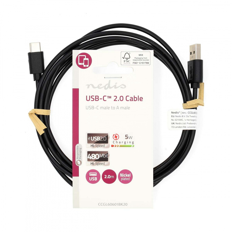 Nedis USB Cable | USB 2.0 | USB-A Male | USB-C™ Male | 5 W | 480 Mbps | Nickel Plated | 2.00 m | Round | PVC | Black | Label