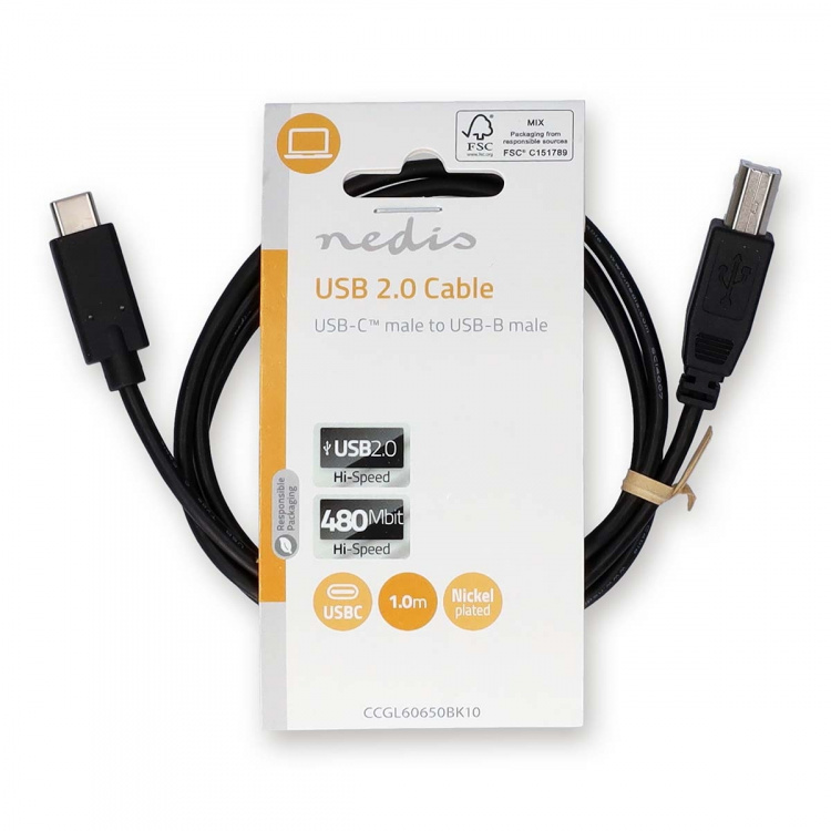 Nedis USB Cable | USB 2.0 | USB-C™ Male | USB-B Male | 480 Mbps | Nickel Plated | 1.00 m | Round | PVC | Black | Label Nedis USB Cable | USB 2.0 | USB-C™ Male | USB-B Male | 480 Mbps | Nickel Plated | 1.00 m | Round | PVC | Black | Label