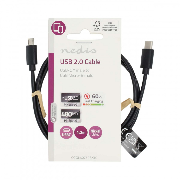 Nedis USB Cable | USB 2.0 | USB-C™ Male | USB Micro-B Male | 60 W | 480 Mbps | Nickel Plated | 1.00 m | Round | PVC | Black | Label