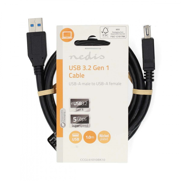 Nedis USB Cable | USB 3.2 Gen 1 | USB-A Male | USB-A Female | 5 Gbps | Nickel Plated | 1.00 m | Round | PVC | Black | Label