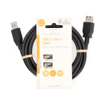 Nedis USB Cable | USB 3.2 Gen 1 | USB-A Male | USB-A Female | 5 Gbps | Nickel Plated | 2.00 m | Round | PVC | Black | Label