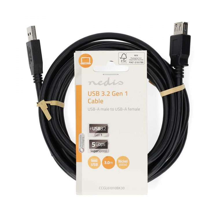Nedis USB Cable | USB 3.2 Gen 1 | USB-A Male | USB-A Female | 5 Gbps | Nickel Plated | 3.00 m | Round | PVC | Black | Label Nedis USB Cable | USB 3.2 Gen 1 | USB-A Male | USB-A Female | 5 Gbps | Nickel Plated | 3.00 m | Round | PVC | Black | Label