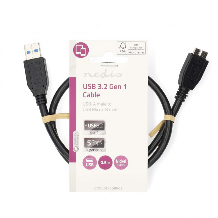 Nedis USB Cable | USB 3.2 Gen 1 | USB-A Male | USB Micro-B Male | 5 Gbps | Nickel Plated | 0.50 m | Round | PVC | Black | Label