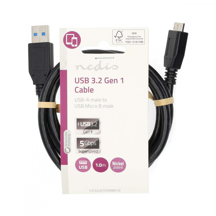 Nedis USB Cable | USB 3.2 Gen 1 | USB-A Male | USB Micro-B Male | 5 Gbps | Nickel Plated | 1.00 m | Round | PVC | Black | Label