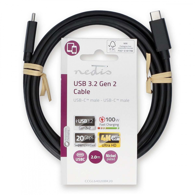 Nedis USB Cable | USB 3.2 Gen 2 | USB-C™ Male | USB-C™ Male | 100 W | 4K@60Hz | 20 Gbps | Nickel Plated | 2.00 m | Round | PVC | Black | Label