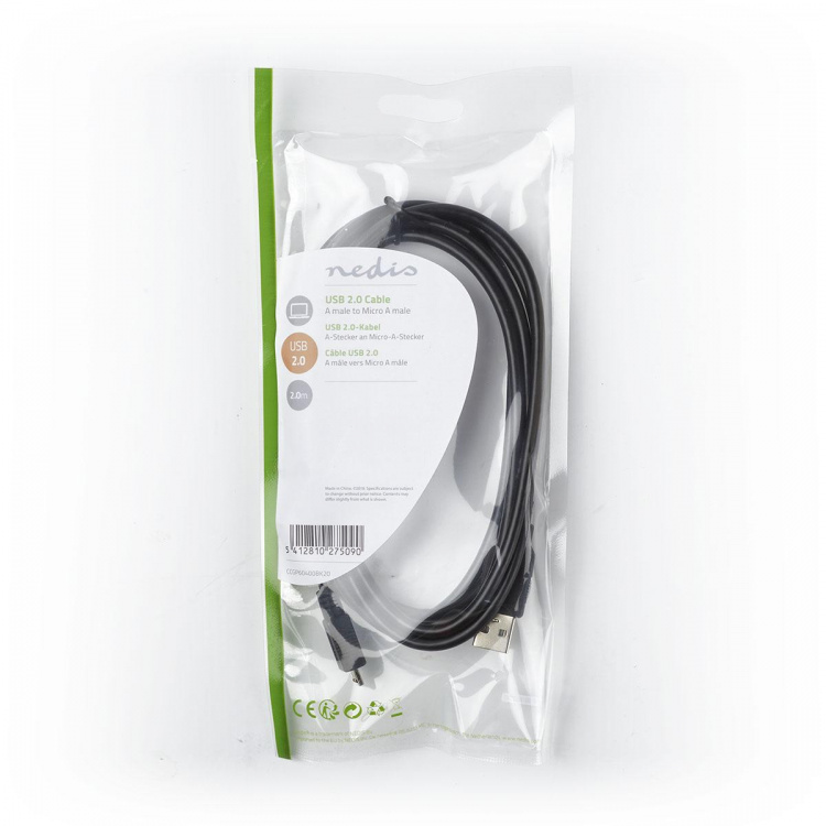 Nedis USB Cable | USB 2.0 | USB-A Male | USB Micro-A | 480 Mbps | Nickel Plated | 2.00 m | Round | PVC | Black | Polybag