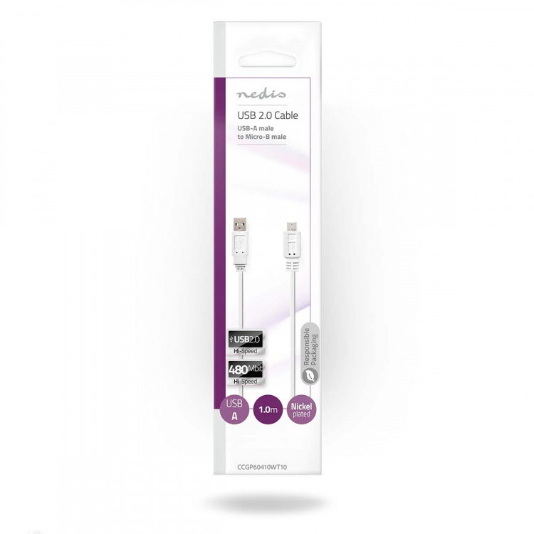 Nedis USB Cable | USB 2.0 | USB-A Male | USB Micro-B Male | 480 Mbps | Nickel Plated | 1.00 m | Flat | PVC | White | Envelope