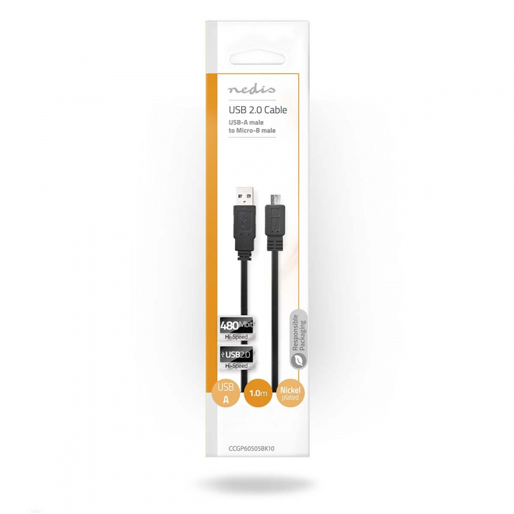 Nedis USB Cable | USB 2.0 | USB-A Male | USB Micro-B Male | 480 Mbps | Nickel Plated | 1.00 m | Flat | PVC | Black | Envelope Nedis USB Cable | USB 2.0 | USB-A Male | USB Micro-B Male | 480 Mbps | Nickel Plated | 1.00 m | Flat | PVC | Black | Envelope