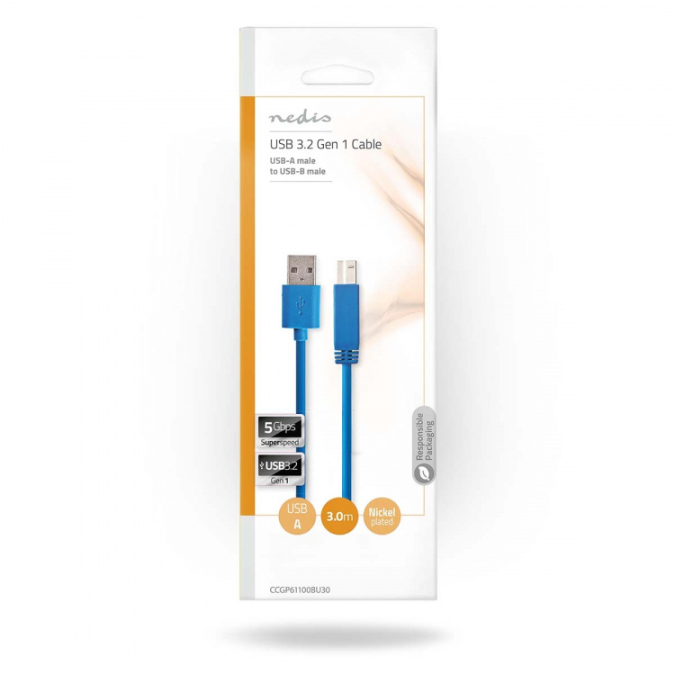 Nedis USB Cable | USB 3.2 Gen 1 | USB-A Male | USB-B Male | 5 Gbps | Nickel Plated | 3.00 m | Round | PVC | Blue | Envelope Nedis USB Cable | USB 3.2 Gen 1 | USB-A Male | USB-B Male | 5 Gbps | Nickel Plated | 3.00 m | Round | PVC | Blue | Envelope