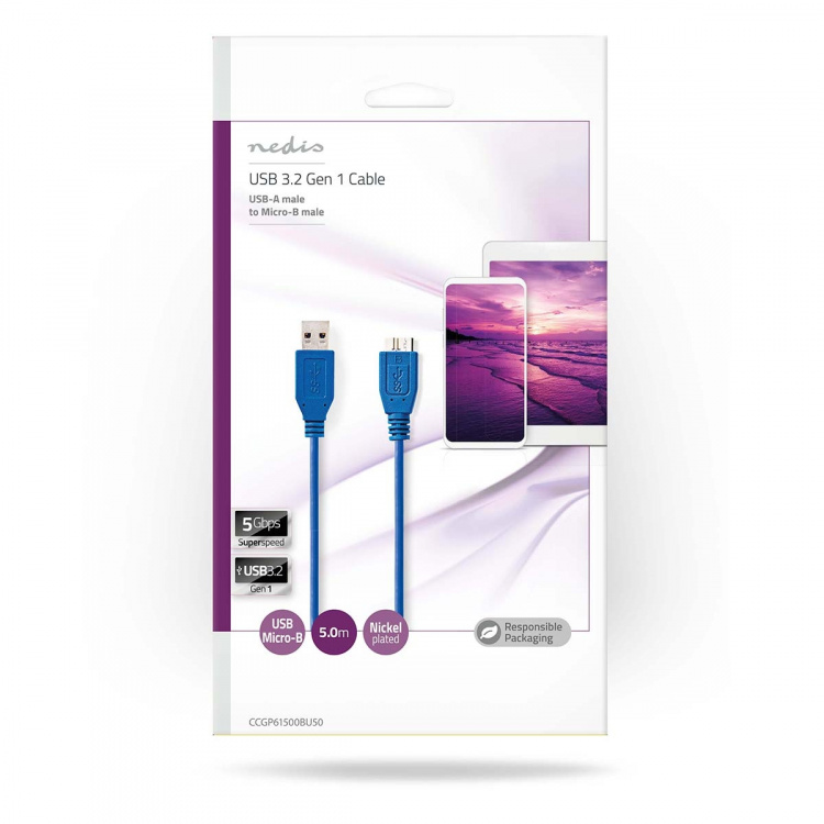 Nedis USB Cable | USB 3.2 Gen 1 | USB-A Male | USB Micro-B Male | 5 Gbps | Nickel Plated | 5.00 m | Round | PVC | Blue | Envelope Nedis USB Cable | USB 3.2 Gen 1 | USB-A Male | USB Micro-B Male | 5 Gbps | Nickel Plated | 5.00 m | Round | PVC | Blue | Envelope