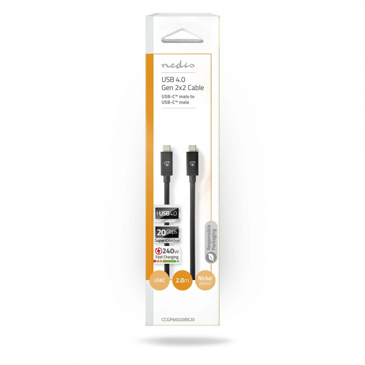 Nedis USB Cable | USB 4.0 Gen 2x2 | USB-C™ Male | USB-C™ Male | 240 W | 8K@60Hz | 20 Gbps | Nickel Plated | 2.00 m | Round | PVC | Black | Envelope