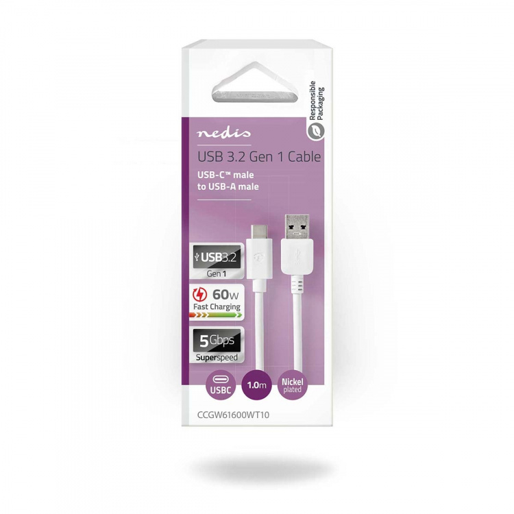 Nedis USB Cable | USB 3.2 Gen 1 | USB-A Male | USB-C™ Male | 60 W | 5 Gbps | Nickel Plated | 1.00 m | Round | PVC | White | Box Nedis USB Cable | USB 3.2 Gen 1 | USB-A Male | USB-C™ Male | 60 W | 5 Gbps | Nickel Plated | 1.00 m | Round | PVC | White | Box