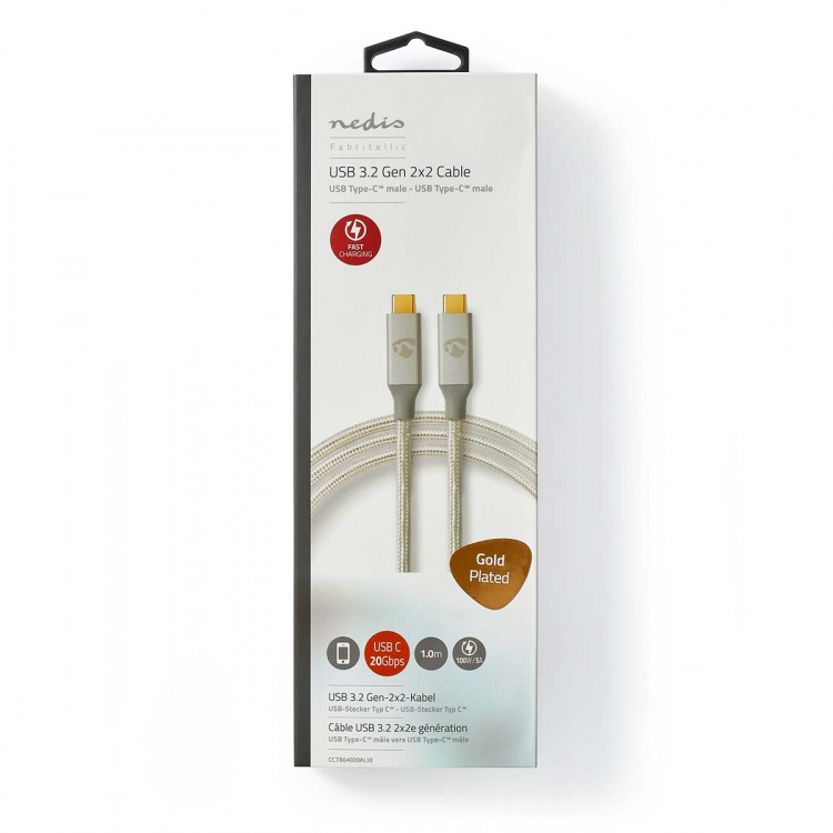 Nedis USB Cable | USB 3.2 Gen 2x2 | USB-C™ Male | USB-C™ Male | 100 W | 4K@60Hz | 20 Gbps | Gold Plated | 1.00 m | Round | Braided / Nylon | Silver | Cover Window Box Nedis USB Cable | USB 3.2 Gen 2x2 | USB-C™ Male | USB-C™ Male | 100 W | 4K@60Hz | 20 Gbps | Gold Plated | 1.00 m | Round | Braided / Nylon | Silver | Cover Window Box