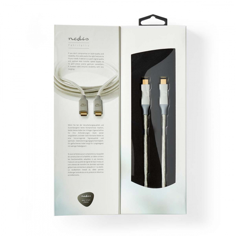 Nedis USB Cable | USB 3.2 Gen 2x2 | USB-C™ Male | USB-C™ Male | 100 W | 4K@60Hz | 20 Gbps | Gold Plated | 1.00 m | Round | Braided / Nylon | Silver | Cover Window Box Nedis USB Cable | USB 3.2 Gen 2x2 | USB-C™ Male | USB-C™ Male | 100 W | 4K@60Hz | 20 Gbps | Gold Plated | 1.00 m | Round | Braided / Nylon | Silver | Cover Window Box