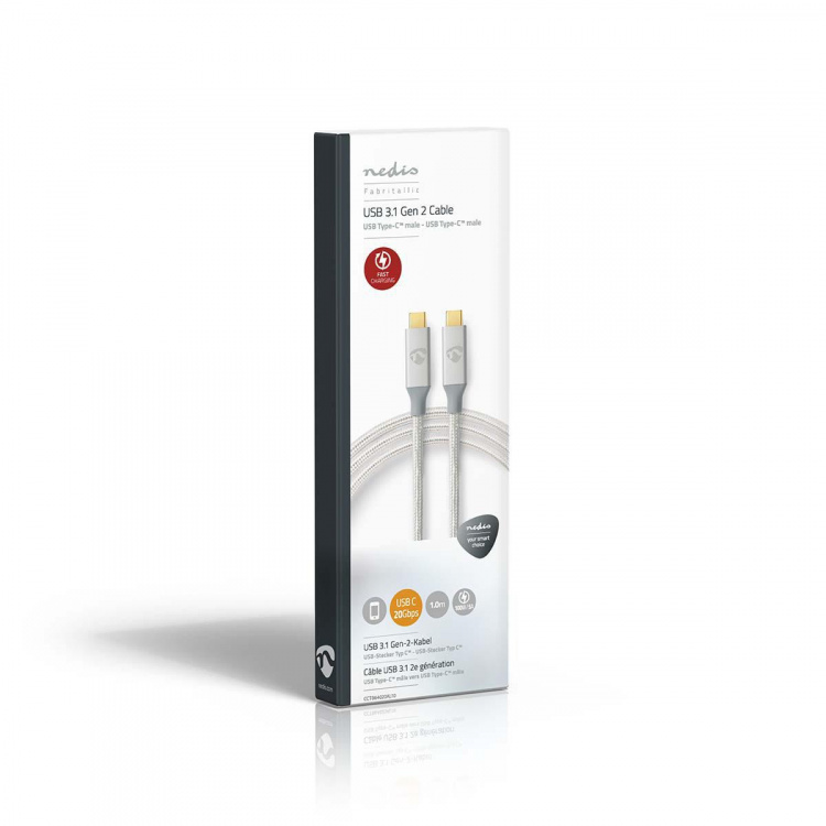 Nedis USB Cable | USB 3.2 Gen 2x2 | USB-C™ Male | USB-C™ Male | 100 W | 4K@60Hz | 20 Gbps | Gold Plated | 1.00 m | Round | Braided / Nylon | Silver | Cover Window Box Nedis USB Cable | USB 3.2 Gen 2x2 | USB-C™ Male | USB-C™ Male | 100 W | 4K@60Hz | 20 Gbps | Gold Plated | 1.00 m | Round | Braided / Nylon | Silver | Cover Window Box
