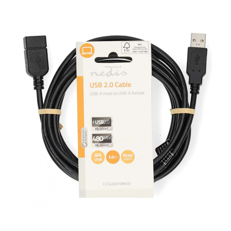 Nedis USB Cable | USB 2.0 | USB-A Male | USB-A Female | 480 Mbps | Nickel Plated | 3.00 m | Round | PVC | Black | Label Nedis USB Cable | USB 2.0 | USB-A Male | USB-A Female | 480 Mbps | Nickel Plated | 3.00 m | Round | PVC | Black | Label