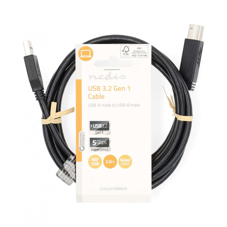 Nedis USB Cable | USB 3.2 Gen 1 | USB-A Male | USB-B Male | 5 Gbps | Nickel Plated | 2.00 m | Round | PVC | Black | Label Nedis USB Cable | USB 3.2 Gen 1 | USB-A Male | USB-B Male | 5 Gbps | Nickel Plated | 2.00 m | Round | PVC | Black | Label