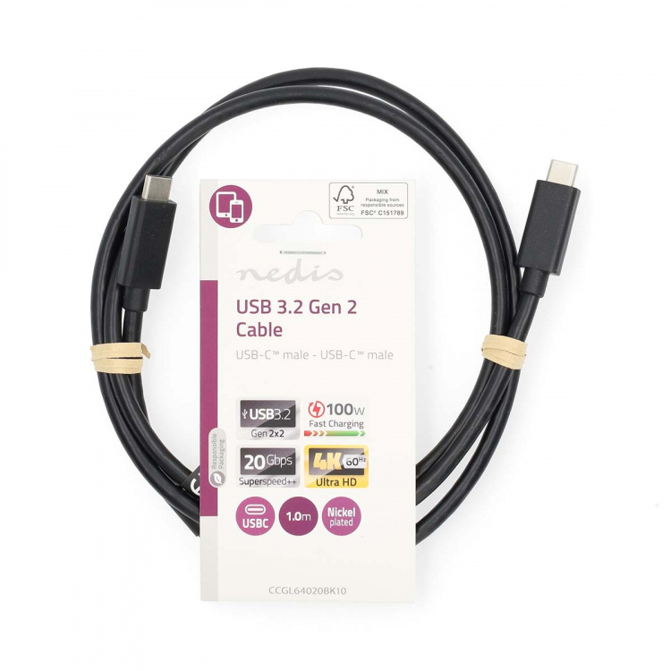 Nedis USB Cable | USB 3.2 Gen 2 | USB-C™ Male | USB-C™ Male | 100 W | 4K@60Hz | 20 Gbps | Nickel Plated | 1.00 m | Round | PVC | Black | Label Nedis USB Cable | USB 3.2 Gen 2 | USB-C™ Male | USB-C™ Male | 100 W | 4K@60Hz | 20 Gbps | Nickel Plated | 1.00 m | Round | PVC | Black | Label