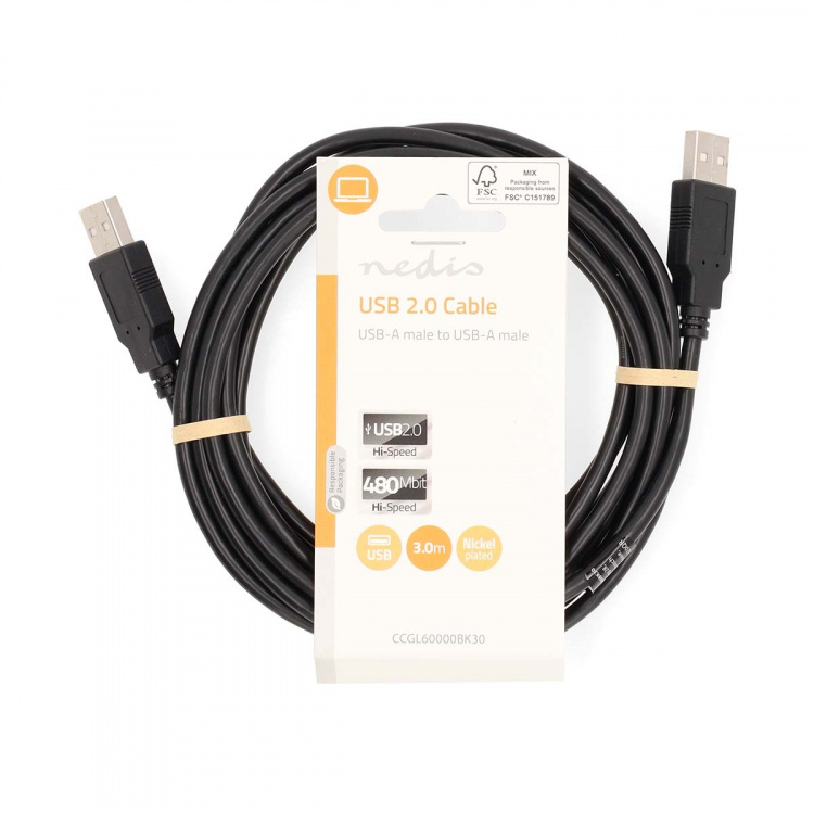 Nedis USB Cable | USB 2.0 | USB-A Male | USB-A Male | 480 Mbps | Nickel Plated | 3.00 m | Round | PVC | Black | Label
