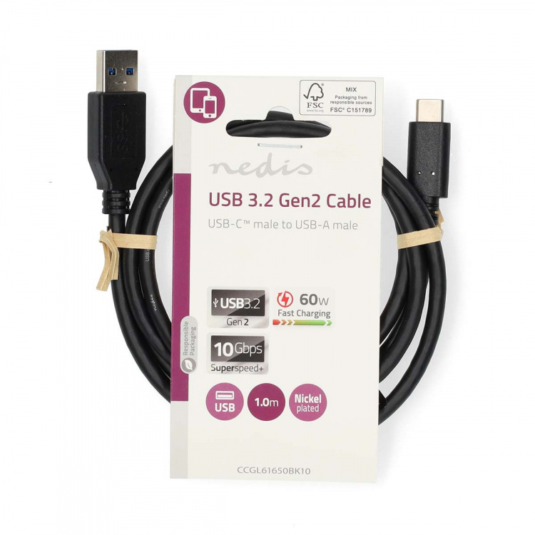 Nedis USB Cable | USB 3.2 Gen 2 | USB-A Male | USB-C™ Male | 60 W | 10 Gbps | Nickel Plated | 1.00 m | Round | PVC | Black | Label Nedis USB Cable | USB 3.2 Gen 2 | USB-A Male | USB-C™ Male | 60 W | 10 Gbps | Nickel Plated | 1.00 m | Round | PVC | Black | Label