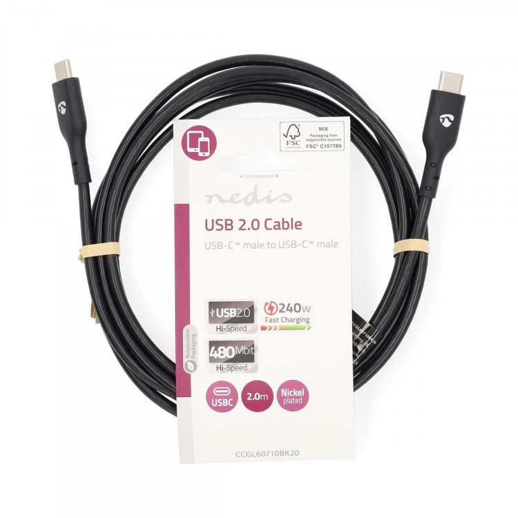 Nedis USB Cable | USB 2.0 | USB-C™ Male | USB-C™ Male | 240 W | 480 Mbps | Nickel Plated | 2.00 m | Round | PVC | Black | Label Nedis USB Cable | USB 2.0 | USB-C™ Male | USB-C™ Male | 240 W | 480 Mbps | Nickel Plated | 2.00 m | Round | PVC | Black | Label