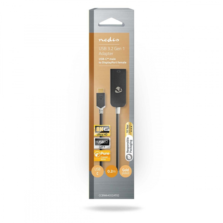 Nedis USB Adapter | USB 3.2 Gen 1 | USB-C™ Male | DisplayPort Female | 0.20 m | Round | Gold Plated | PVC | Anthracite | Window Box Nedis USB Adapter | USB 3.2 Gen 1 | USB-C™ Male | DisplayPort Female | 0.20 m | Round | Gold Plated | PVC | Anthracite | Window Box