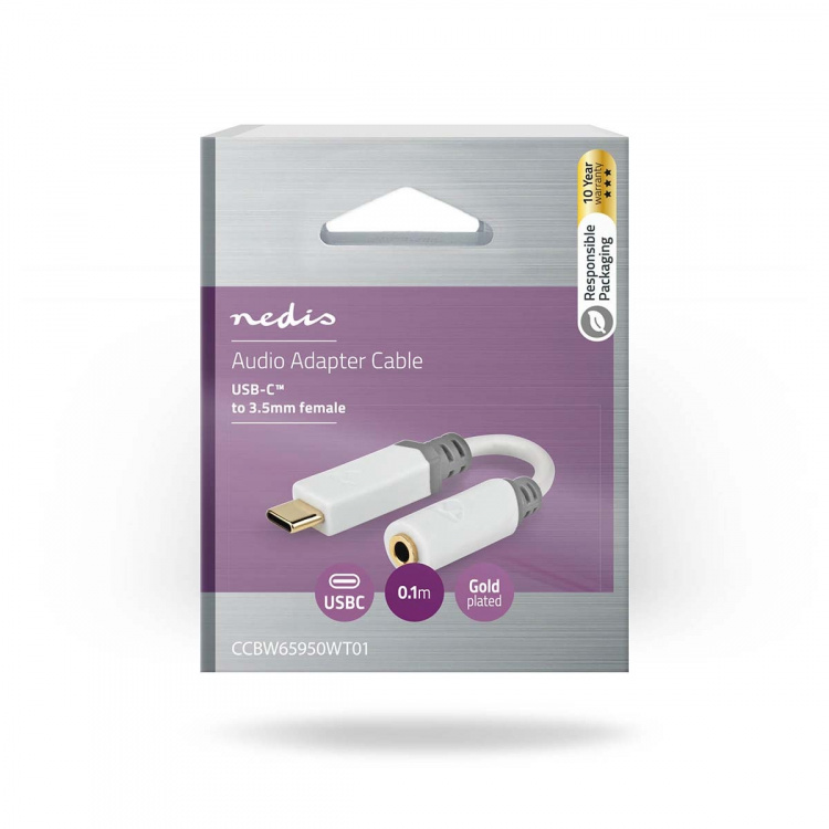 Nedis USB Adapter | USB 2.0 | USB-C™ Male | 3.5 mm Female | 0.10 m | Round | Gold Plated | PVC | White | Box Nedis USB Adapter | USB 2.0 | USB-C™ Male | 3.5 mm Female | 0.10 m | Round | Gold Plated | PVC | White | Box