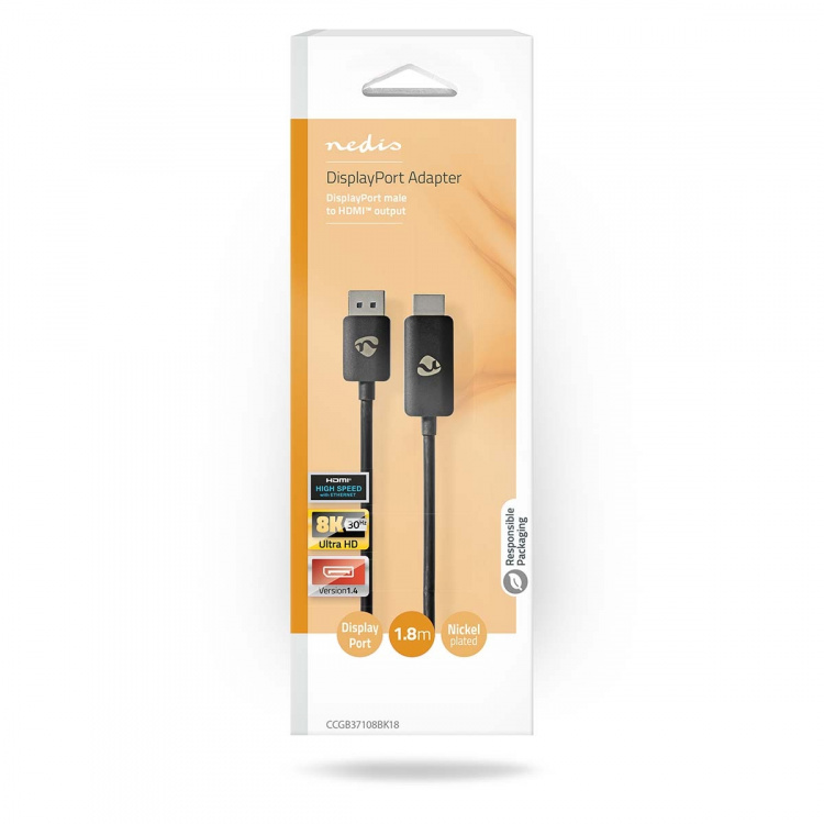 Nedis DisplayPort Adapter | DisplayPort Male | HDMI™ Connector | 8K@30Hz | Nickel Plated | Straight | 1.80 m | Round | TPE | Black | Box