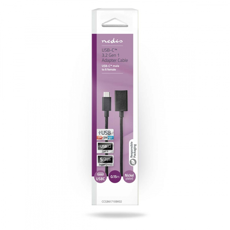 Nedis USB Adapter | USB 3.2 Gen 1 | USB-C™ Male | USB-A Female | 5 Gbps | 0.15 m | Round | Nickel Plated | PVC | Black | Box