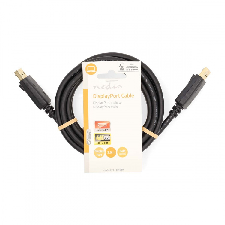 Nedis DisplayPort Cable | DisplayPort Male | DisplayPort Male | 4K@60Hz | Gold Plated | 2.00 m | Round | PVC | Black | Label Nedis DisplayPort Cable | DisplayPort Male | DisplayPort Male | 4K@60Hz | Gold Plated | 2.00 m | Round | PVC | Black | Label