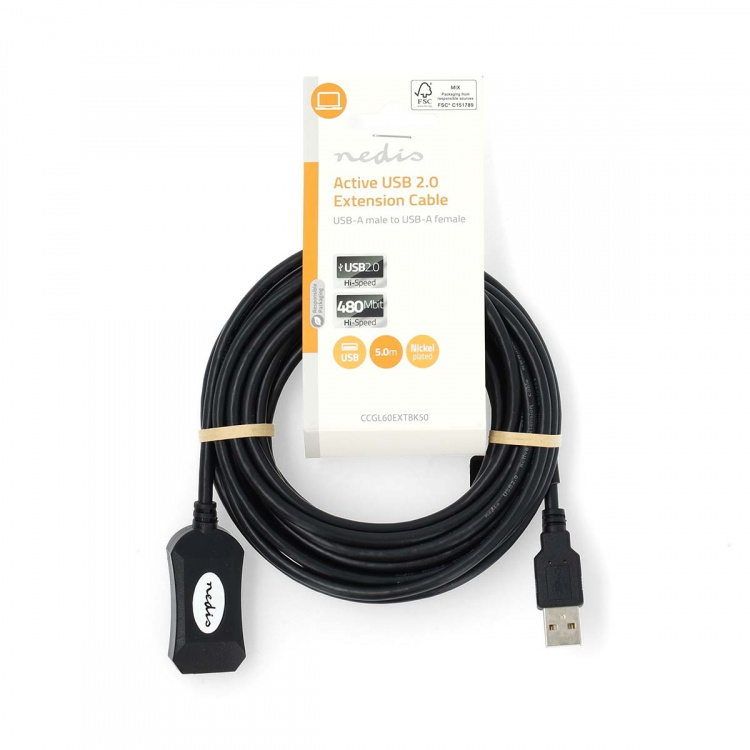 Nedis Active USB Cable | USB 2.0 | USB-A Male | USB-A Female | 480 Mbps | 5.00 m | Round | Nickel Plated | PVC | Copper | Label Nedis Active USB Cable | USB 2.0 | USB-A Male | USB-A Female | 480 Mbps | 5.00 m | Round | Nickel Plated | PVC | Copper | Label