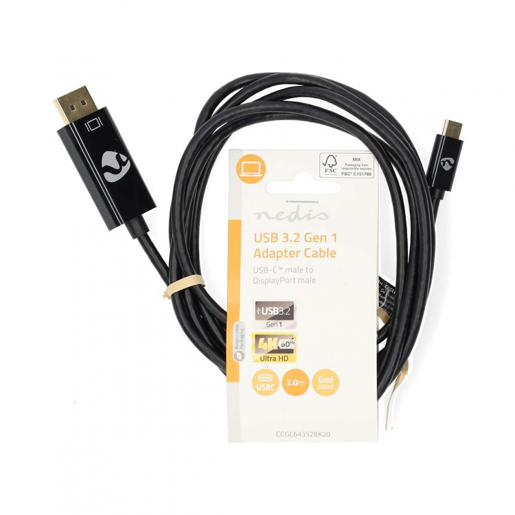 Nedis USB-C™ Adapter | USB 3.2 Gen 1 | USB-C™ Male | DisplayPort Male | 4K@60Hz | 2.00 m | Round | Gold Plated | PVC | Black | Label Nedis USB-C™ Adapter | USB 3.2 Gen 1 | USB-C™ Male | DisplayPort Male | 4K@60Hz | 2.00 m | Round | Gold Plated | PVC | Black | Label