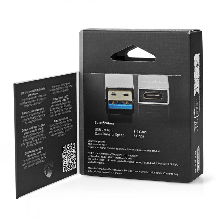 Nedis USB Adapter | USB 3.2 Gen 1 | USB-A Male | USB-C™ Female | 5 Gbps | Nickel Plated | Silver | Cover Window Box
