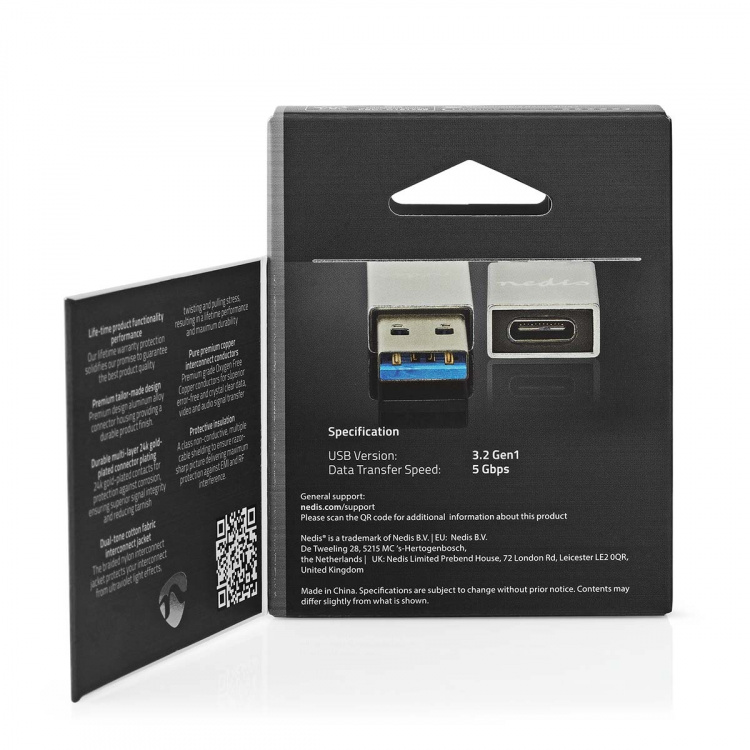 Nedis USB Adapter | USB 3.2 Gen 1 | USB-A Male | USB-C™ Female | 5 Gbps | Nickel Plated | Silver | Cover Window Box