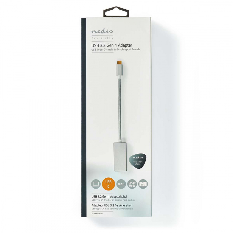 Nedis USB Adapter | USB 3.2 Gen 1 | USB-C™ Male | DisplayPort Female | 0.20 m | Round | Gold Plated | Braided / Nylon | Silver | Cover Window Box Nedis USB Adapter | USB 3.2 Gen 1 | USB-C™ Male | DisplayPort Female | 0.20 m | Round | Gold Plated | Braided / Nylon | Silver | Cover Window Box