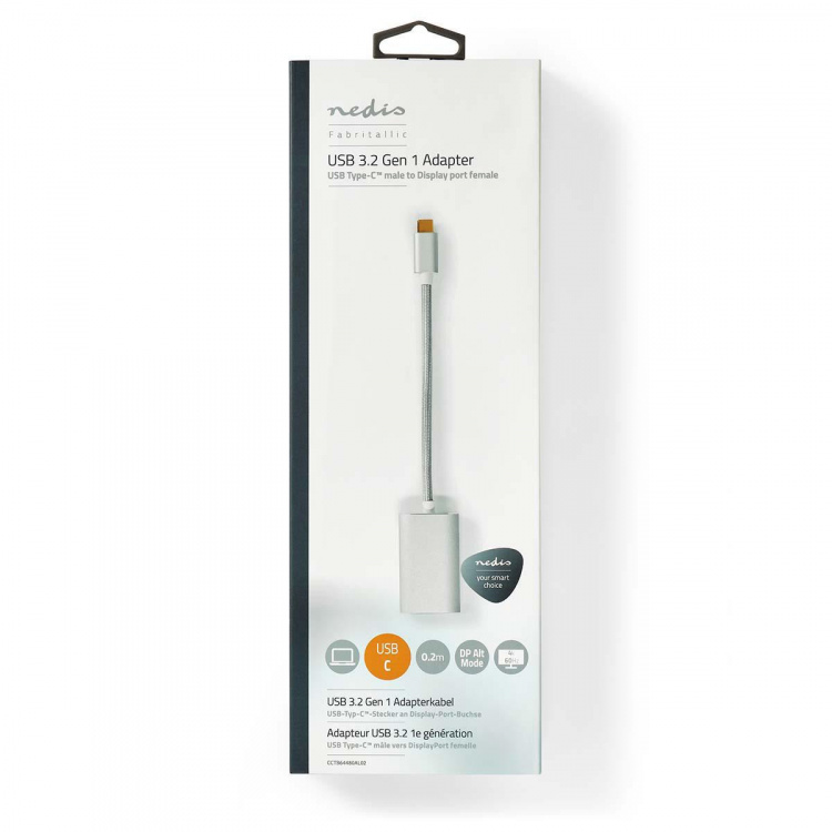 Nedis USB Adapter | USB 3.2 Gen 1 | USB-C™ Male | DisplayPort Female / USB-C™ Female | Power delivery | 0.20 m | Round | Gold Plated | Braided / Nylon | Silver | Cover Window Box