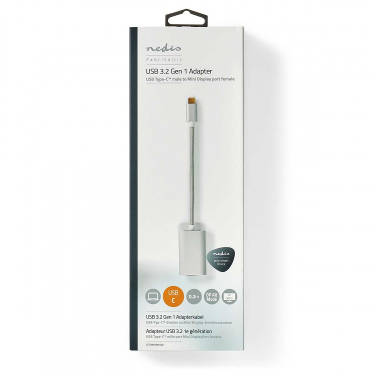 Nedis USB Adapter | USB 3.2 Gen 1 | USB-C™ Male | Mini DisplayPort Female | Power delivery | 0.20 m | Round | Gold Plated | Braided / Nylon | Silver | Cover Window Box