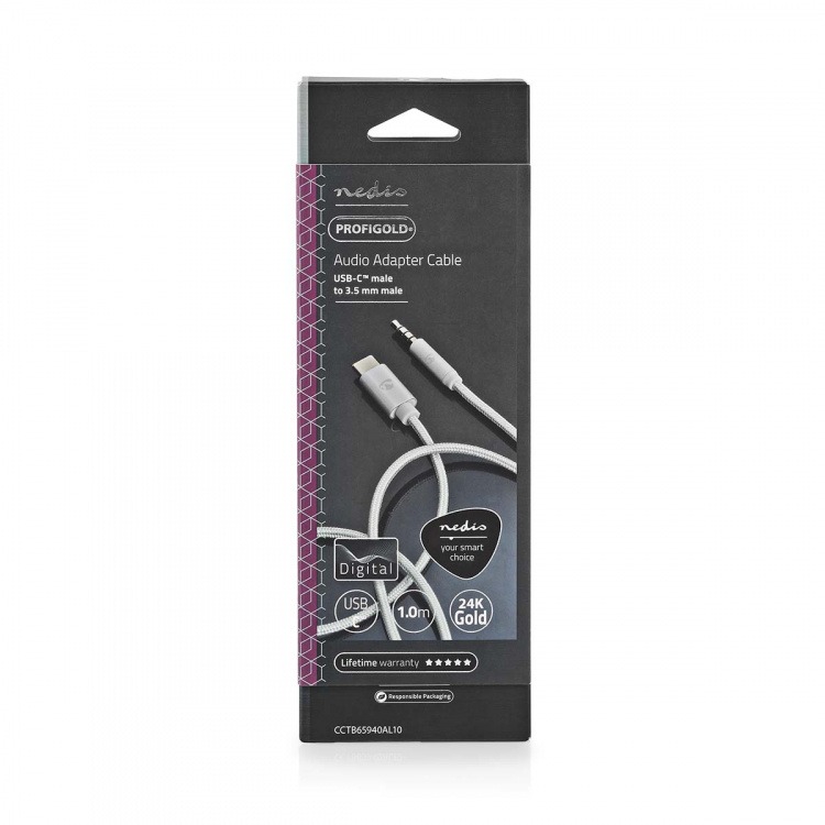 Nedis USB Adapter | USB 2.0 | USB-C™ Male | 3.5 mm Male | 1.00 m | Round | Gold Plated | Braided / Nylon | Aluminium | Cover Window Box Nedis USB Adapter | USB 2.0 | USB-C™ Male | 3.5 mm Male | 1.00 m | Round | Gold Plated | Braided / Nylon | Aluminium | Cover Window Box