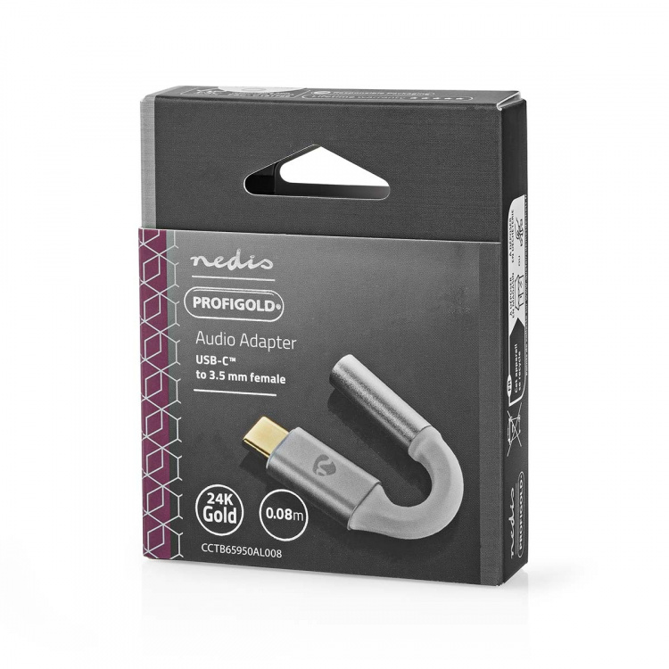 Nedis USB Adapter | USB 2.0 | USB-C™ Male | 3.5 mm Female | 0.08 m | Round | Gold Plated | Braided / Nylon | Silver / White | Cover Window Box Nedis USB Adapter | USB 2.0 | USB-C™ Male | 3.5 mm Female | 0.08 m | Round | Gold Plated | Braided / Nylon | Silver / White | Cover Window Box