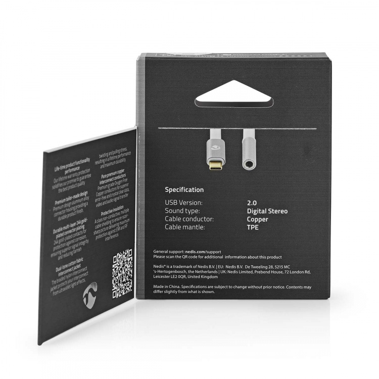 Nedis USB Adapter | USB 2.0 | USB-C™ Male | 3.5 mm Female | 0.08 m | Round | Gold Plated | Braided / Nylon | Silver / White | Cover Window Box Nedis USB Adapter | USB 2.0 | USB-C™ Male | 3.5 mm Female | 0.08 m | Round | Gold Plated | Braided / Nylon | Silver / White | Cover Window Box