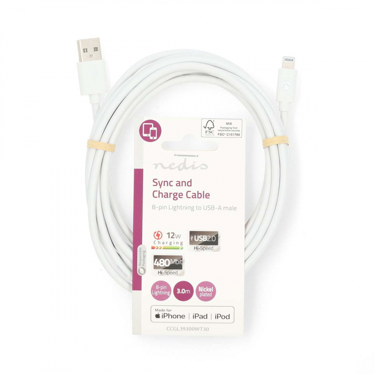 Nedis Lightning Cable | USB 2.0 | Apple Lightning 8-Pin | USB-A Male | 480 Mbps | Nickel Plated | 3.00 m | Round | PVC | White | Label Nedis Lightning Cable | USB 2.0 | Apple Lightning 8-Pin | USB-A Male | 480 Mbps | Nickel Plated | 3.00 m | Round | PVC | White | Label