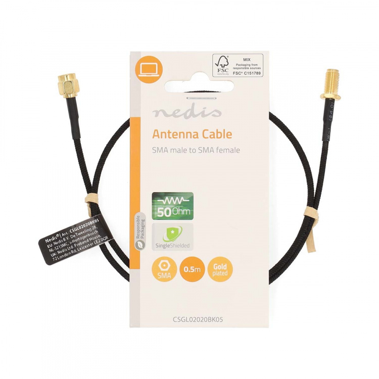 Nedis SMA Cable | SMA Female | SMA Male | Gold Plated | 50 Ohm | Single Shielded | 0.50 m | Round | Braided | Black | Label